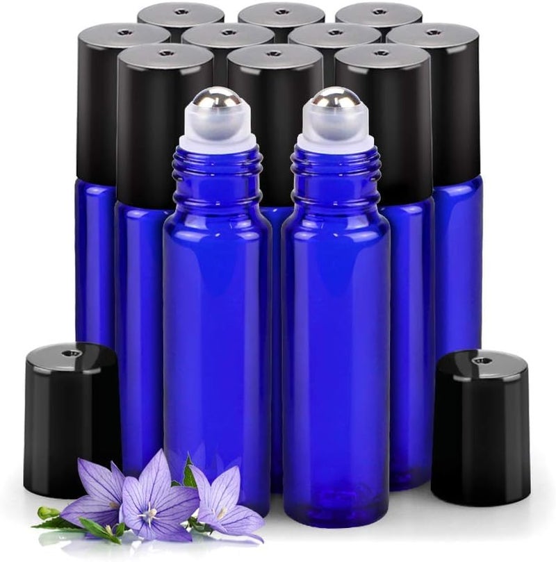 Sungwoo 12 Pack Essential Oil Bottles  10ml Blue Glass Bottles with Stainless Steel Roller Balls and Caps for Travel  Perfume and Lip Gloss - Image 1